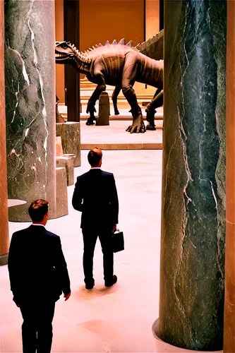 American Museum of Natural History, grand entrance, high ceiling, marble floor, stone pillars, dinosaur fossils, ancient artifacts, exhibits cases, softbox lighting, 3/4 composition, shallow depth of 