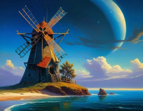 futuristic sci-fi crystak shard landscaoe with windmill on an outerspace ocean coast,fantasy picture,windmill,sea fantasy,the windmills,fantasy art,windmills,dutch windmill,moulin,fantasy landscape,wi