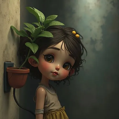 arrietty,agnes,girl picking flowers,cute cartoon character,flowerpot,girl with tree