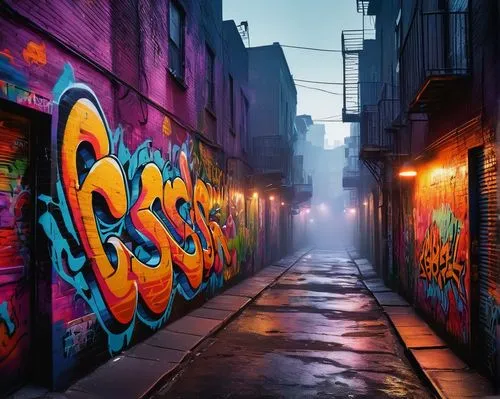 Vibrant urban graffiti, colorful spray paint, abstract shapes, bold fonts, 3D effects, metallic textures, city streets, alleyway, night scene, neon lights, foggy atmosphere, low-angle shot, dramatic s