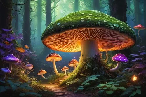 whimsical mushroom, psychedelic colors, glowing spots, intricate details, fairy-tale-like atmosphere, mystic forest, twinkling fireflies, misty background, soft focus, dreamy lighting, vibrant purple 