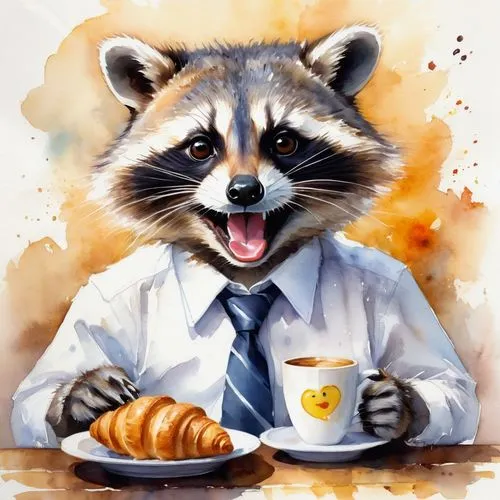 a handsome raccoon in a white shirt and tie eating a croissant at the table in the kitchen next to a cup of coffee with a smiley face and smiling sweetly,the painting depicts a rac holding a coffee cu