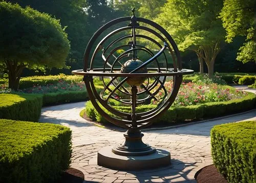 armillary sphere,armillary,sundial,sun dial,garden sculpture,bellingrath gardens,orrery,mother earth statue,garden decoration,hidcote,astrolabe,stargates,world clock,brookgreen gardens,rosarium,garden decor,garden logo,japanese garden ornament,earth in focus,giverny,Illustration,Retro,Retro 15