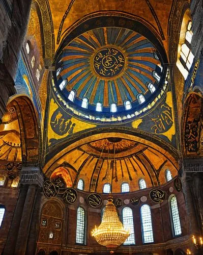 Byzantine architecture, Hagia Sophia, Istanbul, Turkey, majestic dome, intricate mosaics, grandeur interior, ornate chandeliers, Islamic calligraphy, Christian cross, Byzantine patterns, stone columns