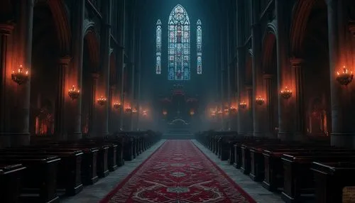 Dark mysterious cathedral, rich velvety blacks, deep crimson reds, midnight blues, weathered stone textures, intricate carvings, ornate metalwork, dramatic candlelight, eerie foggy atmosphere, mystica