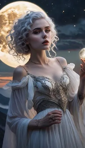 crystal ball-photography,fantasy picture,white rose snow queen,crystal ball,magicienne,mediumship,moonstone,fantasy portrait,moon phase,moonflower,queen of the night,white lady,enchantment,fantasy art,celestial body,peignoir,moonbeam,light of night,nightdress,mystical portrait of a girl,Art,Classical Oil Painting,Classical Oil Painting 11