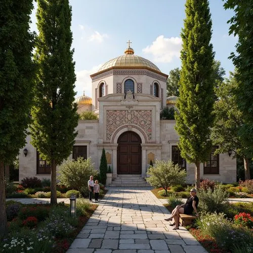 Ancient stone church, ornate Byzantine architecture, lush greenery, vibrant flowers, intricately patterned mosaics, golden domes, rustic stone pathways, weathered wooden benches, lantern-style lightin