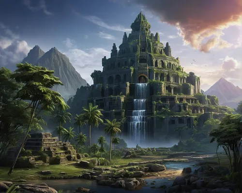 ancient city,fantasy landscape,the ancient world,fantasy picture,imperial shores,the ruins of the,3d fantasy,ancient civilization,ancient buildings,fantasy city,fantasy art,maya civilization,castle of the corvin,heroic fantasy,fantasy world,water castle,ancient house,maya city,stone palace,elphi,Conceptual Art,Fantasy,Fantasy 30