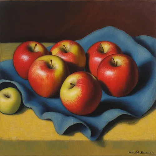 Ron Monsma, Apples on a Blue Cloth  Pastel, 16x20 in.,basket with apples,fruit bowl,red apples,basket of apples,cart of apples,still-life,fruit plate,apples,apple pair,woman eating apple,still life,bo