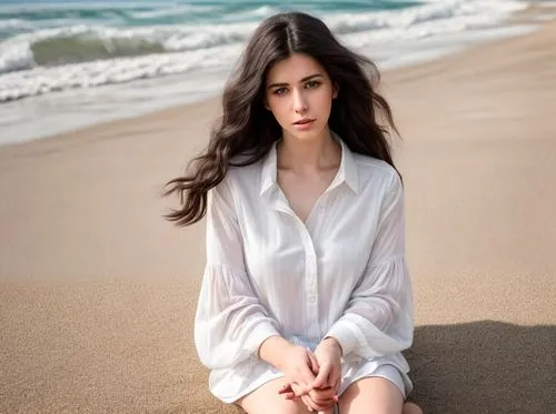 a portrait full body of a beautiful young caucasian woman 24 years old black hair whit a white blouse whit the hand in the head sitting in a beach in a sunny day looking to camera in 4k,beach backgrou