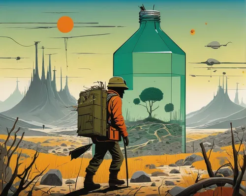 sci fiction illustration,bottleneck,atomic age,refinery,travel poster,post-apocalyptic landscape,fallout shelter,wasteland,science fiction,digital nomads,post apocalyptic,gas planet,science-fiction,industrial landscape,pesticide,chemical plant,travelers,petrochemicals,biologist,laboratory flask,Illustration,Vector,Vector 13