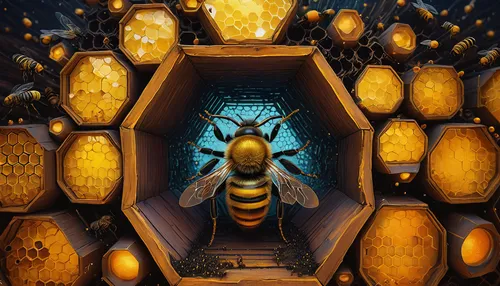 Deep inside a beehive, tiny beeple construct intricate hexagonal chambers.,beekeeper,beekeeping,beekeepers,bee hive,beeswax,bee house,apiary,honey bee home,the hive,bee farm,bee-dome,bee colony,hive,b