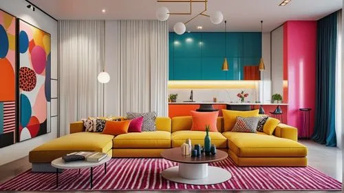 Postmodern Interior Design, Living room, bold geometrics, vivid colors, unexpected materials,modern decor,contemporary decor,interior decoration,interior modern design,apartment lounge,interior design