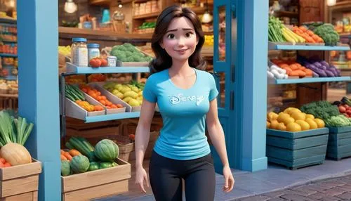 Create full body, 3D image of Jennifer, a 40-year-old woman with black eyes and dark brown hair, dressed in  a lightblue t-shirt, and black exercise trousers, with a cheerful expression on her face. J