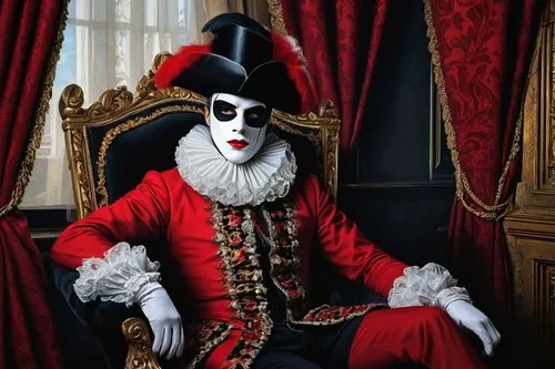 the carnival of venice,ringmaster,masquerade,pierrot,aristocrat,harlequin,venetian mask,cruella de ville,black pete,cosplay image,mozartkugel,jester,matador,vendetta,mime artist,gothic portrait,dracula,magistrate,danse macabre,mozartkugeln,Illustration,Black and White,Black and White 09