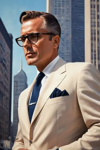 Mature man, Mr. Credible, 40s, handsome face, serious expression, black framed glasses, short brown hair, formal wear, white shirt, dark blue suit, tie, pocket watch, standing, confident posture, city