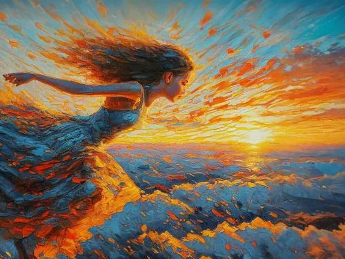 sun sunrise,dancing flames,fire dance,fire dancer,oil painting on canvas,little girl in wind,fire angel,flame spirit,fire artist,firedancer,world digital painting,flamenco,oil painting,fiery,passion b