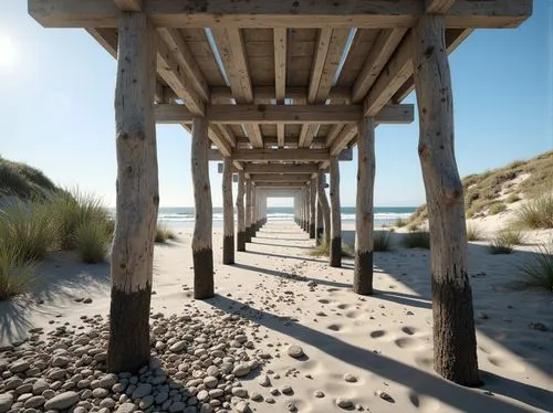 Weathered wooden piers, rustic driftwood accents, smooth pebbles, sea-worn boulders, ocean-inspired color palette, calming blues and whites, sandy dunes, beachy grasses, crashing waves, salty mist, wa