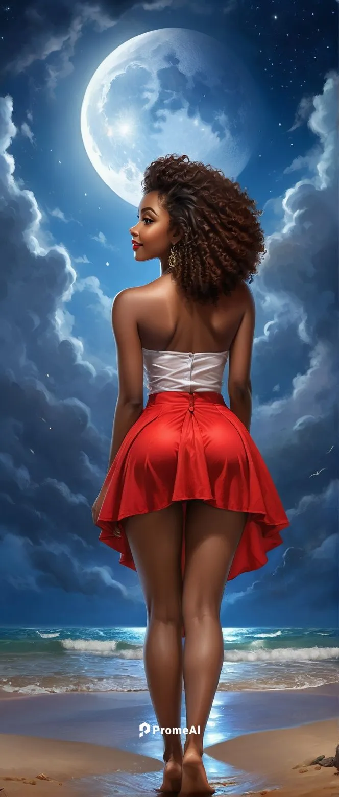 beautiful nigerian girl, full dark curly hair, big dark almond eyes, full red lips, smile, triangular body shape, fit body, (full body show), very big breast contours under the shirt, skirt
Standing a