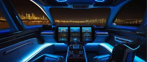 Modern luxury MC interior, futuristic high-tech atmosphere, sleek metallic surfaces, neon blue accents, captain's chair with built-in console, holographic display, advanced control panel, intricate ci