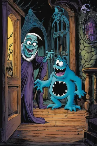 halloween poster,halloween ghosts,halloween illustration,the haunted house,grimace,three eyed monster,boo,witch's house,frankenstein,smurf,ventriloquist,haunted house,halloween frankenstein,halloween background,blue monster,puppets,halloween wallpaper,puppeteer,count,ghost castle,Illustration,Retro,Retro 06