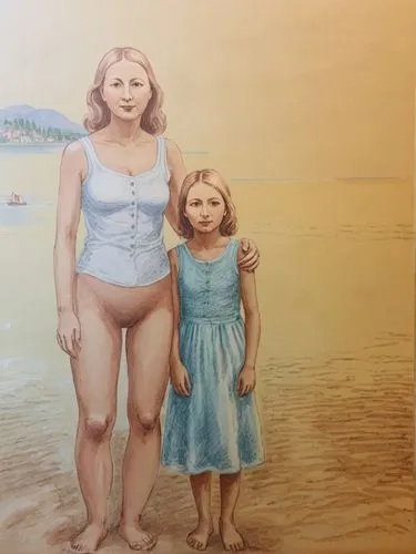 "Mom and me at Lake Constance the other day".,two girls standing together with one being a toddler,little girl and mother,underpainting,silverpoint,botero,oil painting,matriarchs,Illustration,Vector,V