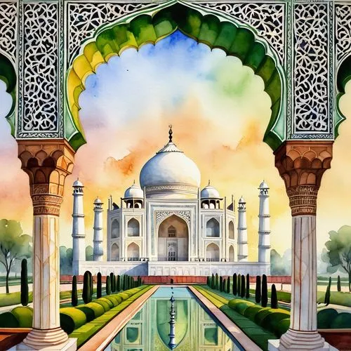 Mughal Empire, Taj Mahal, white marble, intricate inlays, ornate decorations, domed structure, minarets, arches, Islamic patterns, geometric shapes, reflective pools, symmetrical composition, lush gre