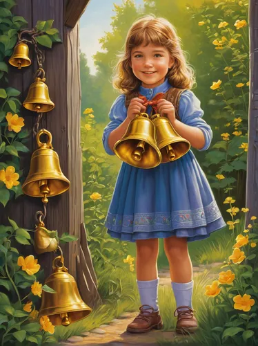 Write a heartwarming children's book about a little girl who discovers a set of golden bells in her backyard.,gold bells,easter bell,carpathian bells,easter bells,bells,yellow bell,church bells,ring t