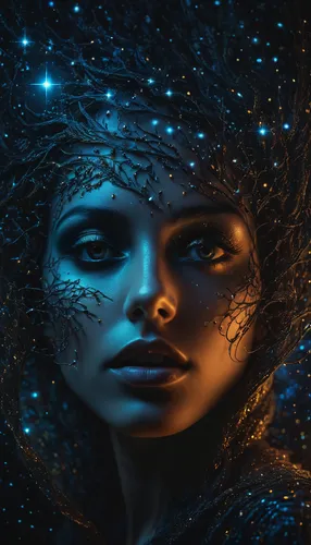 blue enchantress,mystical portrait of a girl,fantasy portrait,apophysis,faery,the enchantress,faerie,queen of the night,sorceress,dryad,astral traveler,sci fiction illustration,fantasy art,andromeda,fantasy woman,shamanic,bioluminescence,shamanism,fantasy picture,sapphire,Photography,General,Fantasy