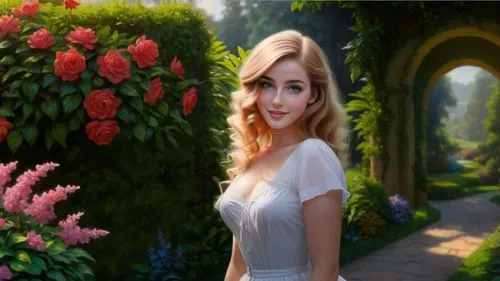 Romantic masterpiece oil painting, cute girl portrait, nostalgic 1950's style kitsch, hedge garden landscape, lush botanical garden scenery, by Thomas Kinkade,girl in flowers,eilonwy,flower background