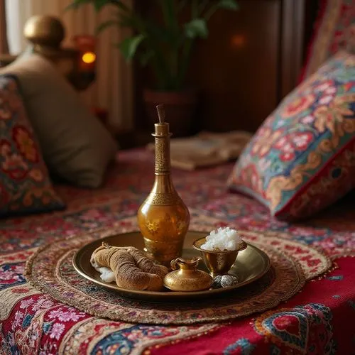 girl,this is a el bed with an intricately decorated bed spread and ss tea service on it,persian norooz,moroccan pattern,ottoman,rubaiyat,interior decor,tea service