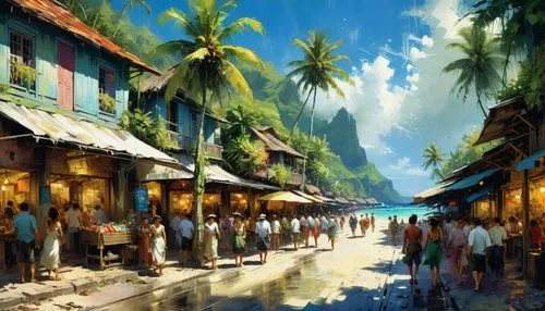 fishing village,world digital painting,floating market,honolulu,hanoi,vietnam,tahiti,resort town,bali,seaside resort,souk,southeast asia,mountain village,kerala,polynesia,oriental,vietnam's,ancient city,asia,izakaya,Art,Artistic Painting,Artistic Painting 32