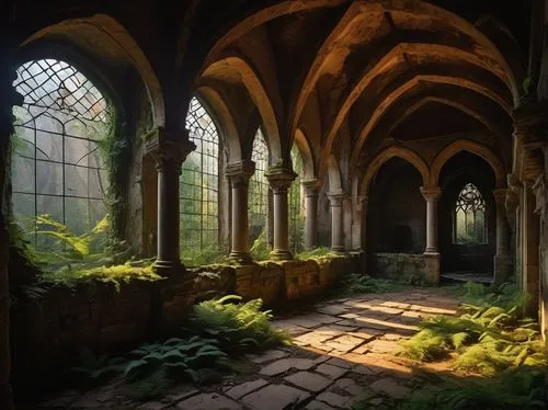 hall of the fallen,dandelion hall,abandoned place,sanctuary,abandoned places,ruins,cloister,fantasy landscape,forest chapel,ruin,lost place,monastery,sunken church,medieval architecture,witch's house,haunted cathedral,lostplace,abandoned,mausoleum ruins,lost places,Art,Classical Oil Painting,Classical Oil Painting 07