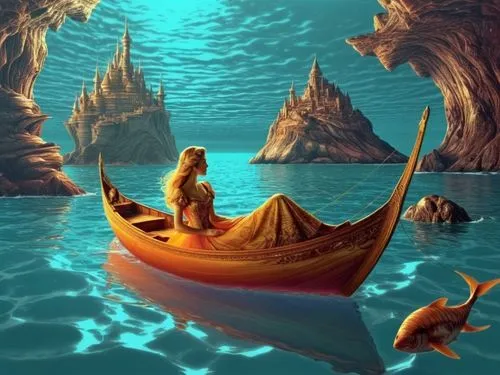 where and when my sleeping beauty come and see the other life at deep sea with big smile ,there is a woman sitting in a small boat,fantasy picture,boat landscape,amphitrite,3d fantasy,mermaid backgrou