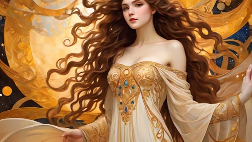 gold filigree,golden crown,priestess,golden wreath,rapunzel,fantasy portrait,fantasy art,golden apple,gold foil mermaid,sorceress,celtic queen,zodiac sign libra,baroque angel,the enchantress,fairy tale character,fairy queen,fantasy woman,queen of the night,art nouveau,gold leaf,Illustration,Realistic Fantasy,Realistic Fantasy 01