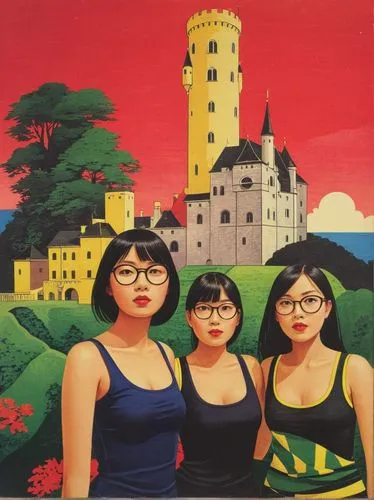 Asian tourist girls in front of Lichtenstein Castle.,a painting of three women with glasses and a castle behind them,chicanas,azerbaijan azn,asiaticas,laibin,gulangyu,kuriyeh,Illustration,Vector,Vecto