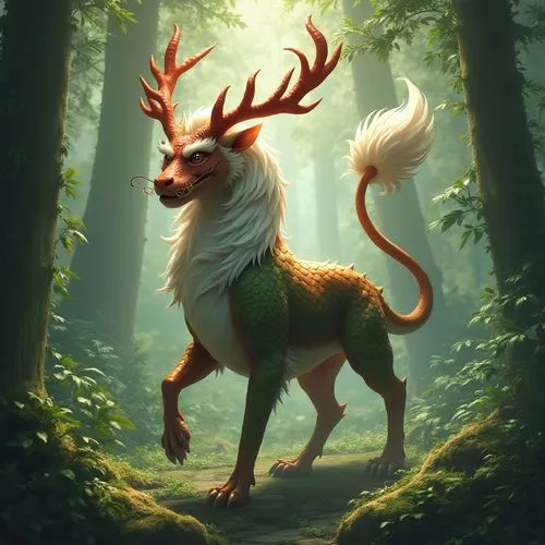 Realistic Painting of fantasy monster a Qilin from Chinese mythological creature, dragon head, lion body, beautiful deer horns, long tail with thick white fur, golden scales, skin a mix of green and r