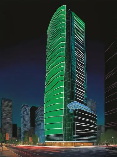 Futuristic, high-tech, ETT (Emerging Technology Tower) architecture, sleek metallic exterior, curved lines, neon lights, LED displays, holographic advertisements, bustling metropolis, cityscape, night