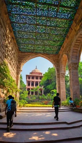 Modern architecture college building, Maharashtra, India, sunny day, clear blue sky, lush green trees surrounding, vibrant flowers blooming, students walking, carrying laptops and backpacks, wearing c