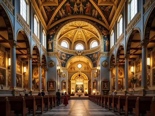 Byzantine-style church interior, golden mosaics, intricate patterns, ornate decorations, vivid colors, shimmering light, high ceilings, grand arches, marble floors, ornamental columns, symbolic icons,