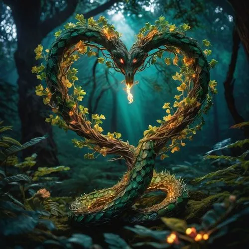 In the heart of the heavens, a majestic tree with a shimmering green leaves and spiky petals stretches as far as the eye can see. As a massive (serpent) of pure (white flame) rolls around a majestic o