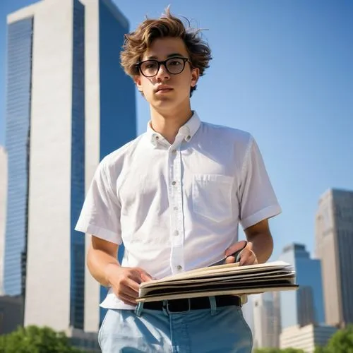 Young adult, male, architecture intern, casual posture, black glasses, short messy hair, no makeup, plain white shirt, light blue shorts, sneakers, holding a large portfolio, standing in front of a mo