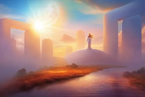 fantasy picture,the pillar of light,heaven gate,fantasy landscape,sundering,world digital painting,valinor,silmarillion,thingol,the mystical path,gondolin,glorfindel,realms,ennead,fantasy art,pillar of fire,wonderlands,games of light,summer solstice,sentinels,Illustration,Realistic Fantasy,Realistic Fantasy 01