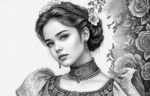 A highly detailed portrait of a young woman with an almost lifelike appearance, her head tilted slightly, with soft, contemplative eyes gazing indirectly at the viewer. She is adorned in an ornate, go