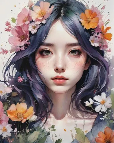 kommuna,girl in flowers,japanese floral background,hoshihananomia,falling flowers,floral background,Illustration,Paper based,Paper Based 20