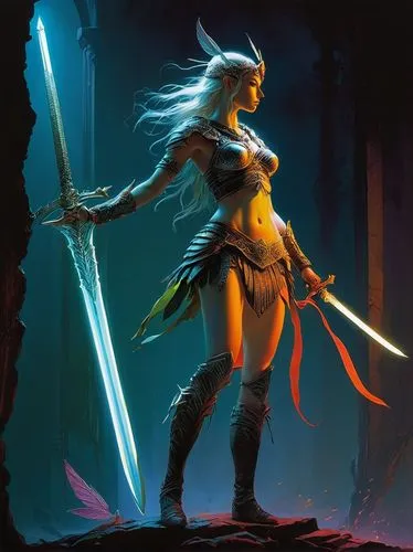 female warrior,magik,dark elf,ahsoka,fantasy warrior,warrior woman,Illustration,Realistic Fantasy,Realistic Fantasy 16