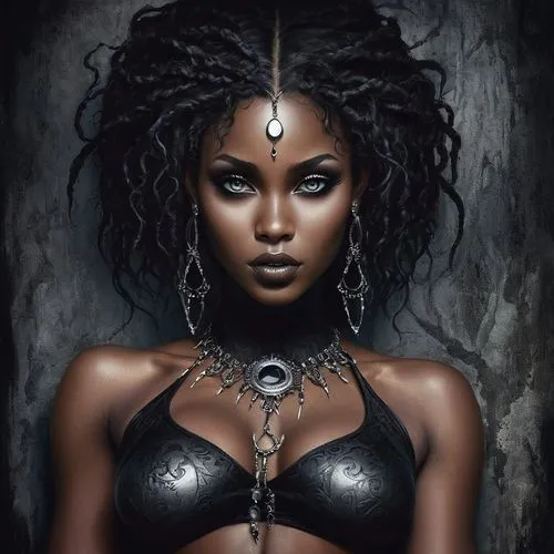 black pearl,voodoo woman,black woman,dark elf,black skin,african american woman,gothic woman,african woman,warrior woman,twists,goth woman,dark art,fantasy portrait,beautiful african american women,priestess,the enchantress,adornments,gothic portrait,gothic fashion,dark angel,Conceptual Art,Fantasy,Fantasy 34