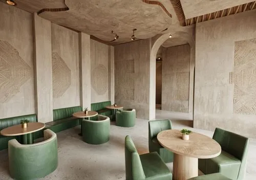 restaurant concept, modern style with Peruvian details, voluminous green ethnic patterns, beige concrete floor, coffee-colored and green chairs, minimalist tables with an simple octagonal pedestal bas