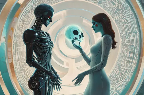 dance of death,sci fiction illustration,mirror of souls,dr. manhattan,skeleton key,vanitas,danse macabre,ego death,memento mori,biomechanical,symbiotic,polarity,afterlife,the hands embrace,skeletons,skull allover,man and woman,cancer illustration,gemini,primitive man,Conceptual Art,Sci-Fi,Sci-Fi 24