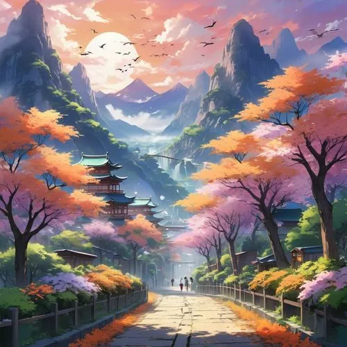 japanese sakura background,sakura background,landscape background,japan landscape,fantasy landscape,autumn background,autumn scenery,meteora,sakura trees,autumn landscape,autumn mountains,spring background,springtime background,background design,cartoon video game background,hanami,japanese background,vesperia,backgrounds,mountain landscape,Illustration,Japanese style,Japanese Style 03